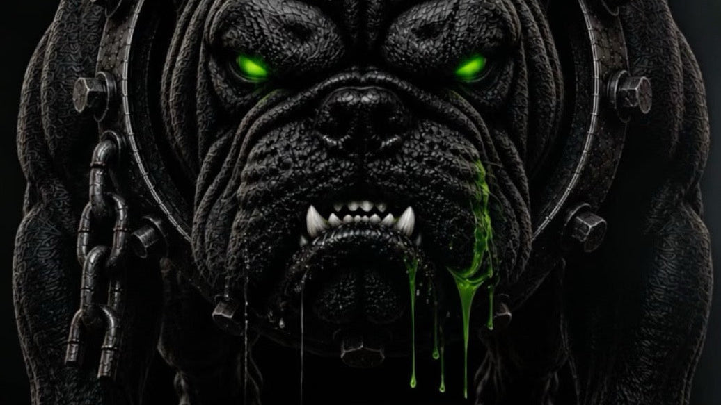 A dark, highly detailed bulldog-like creature or monster face and upper body in black textured material, with glowing green eyes, dripping green slime, and a chain hanging from one side, set against a very dark background.